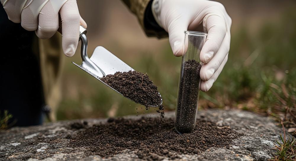 Scientist wearing gloves carefully collects soil sample with a trowel into a test tube outdoors for environmental research