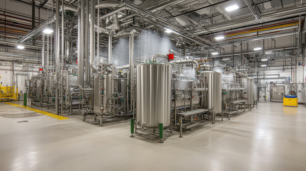 Industrial decontamination shower unit spraying water in a facto